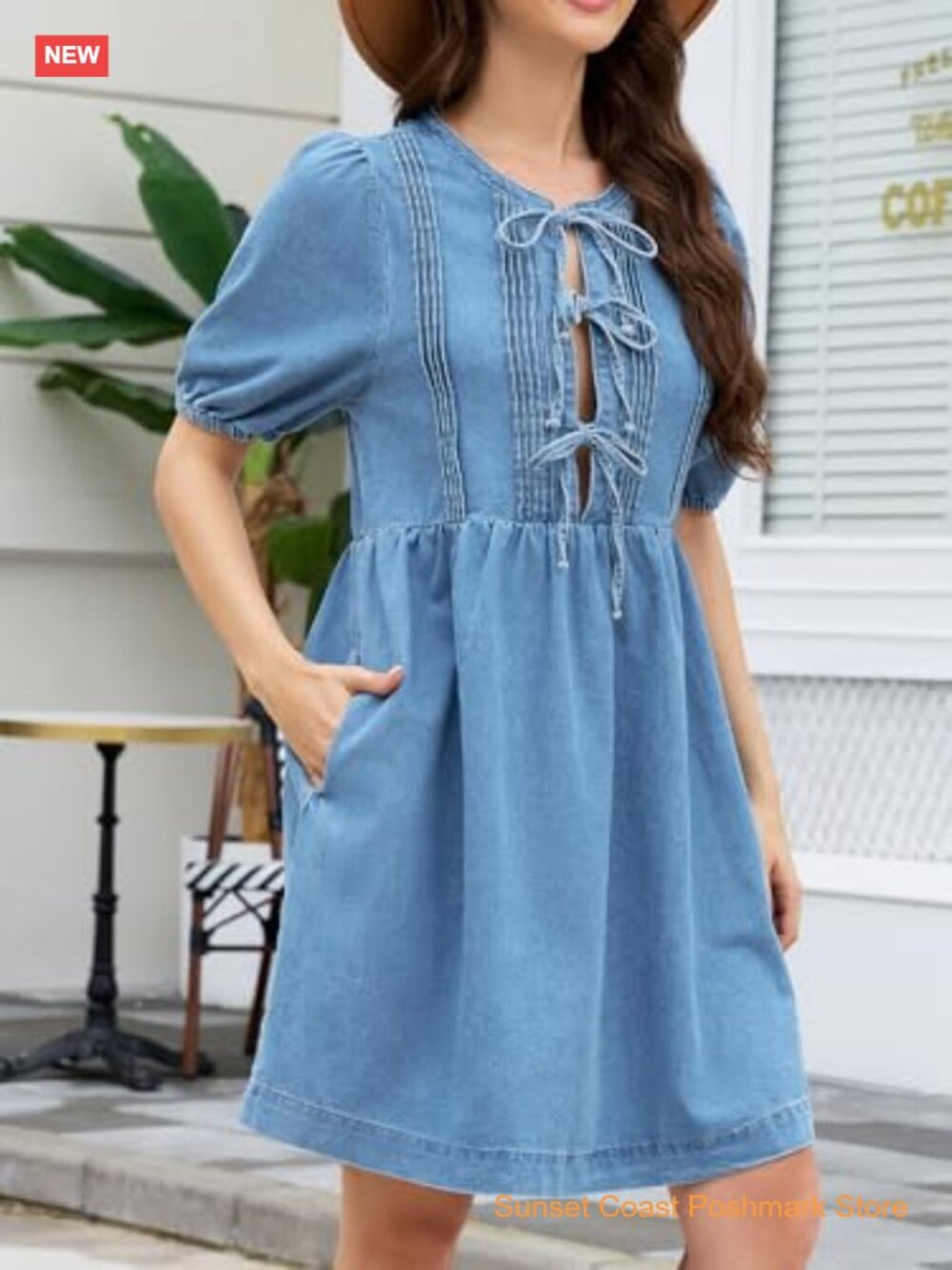 Babydoll Denim Dress Puff Short Sleeve Jean Romper Bow Tie Neckline Mini - Picture 4 of 7